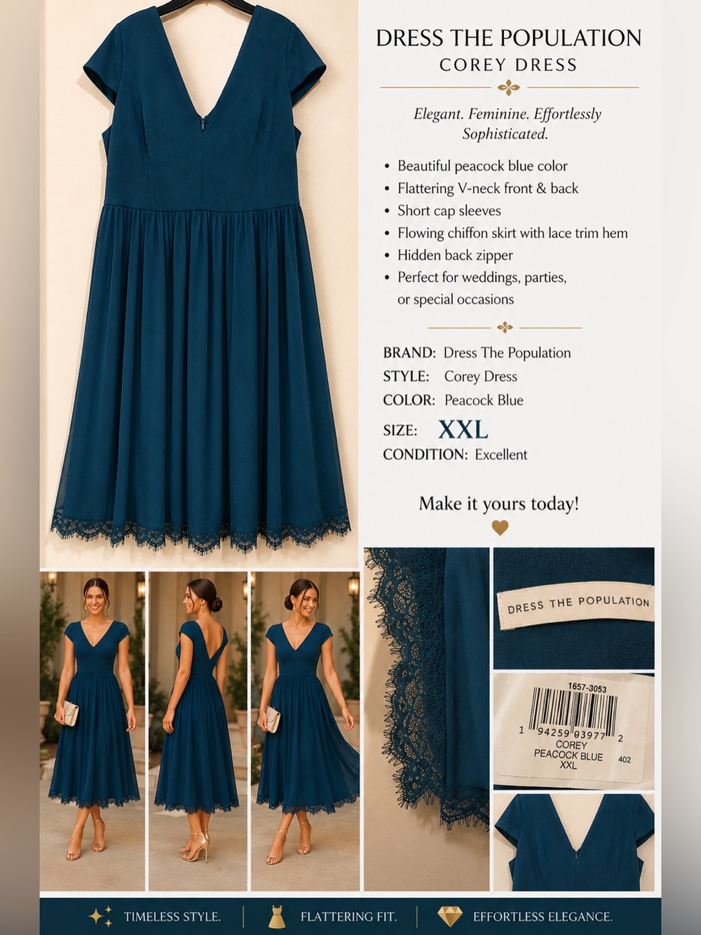 Dress the Population Peacock Blue V‑Neck Fit-and-Flare Dress. New with tag